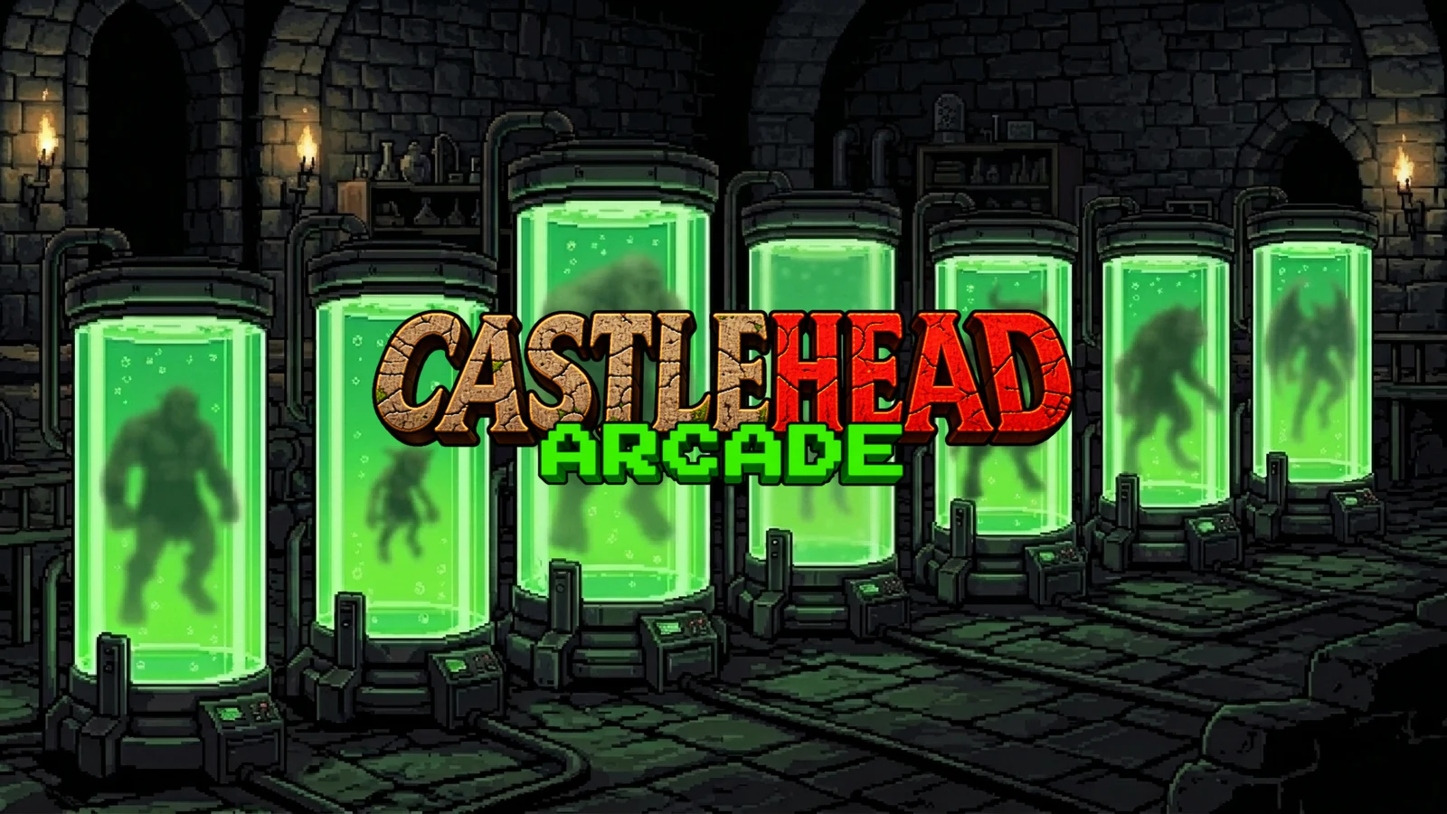 A stone laboratory lit by torches, with tall glass tanks of glowing green liquid holding monsters, and the CASTLEHEAD ARCADE logo across the middle.