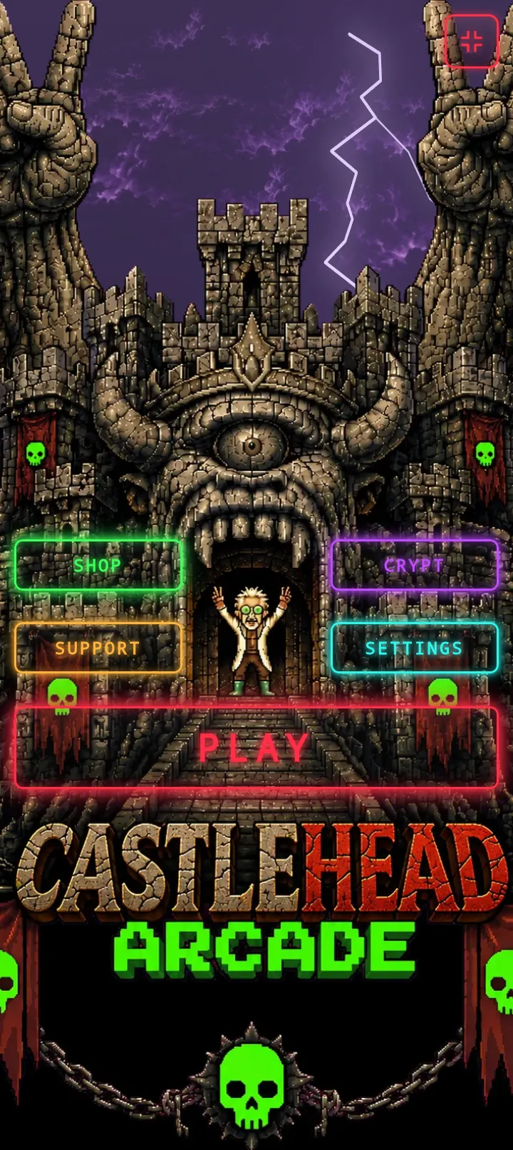 The main menu: a stone castle with a giant carved face, and glowing buttons for Shop, Crypt, Support, Settings and Play around it.