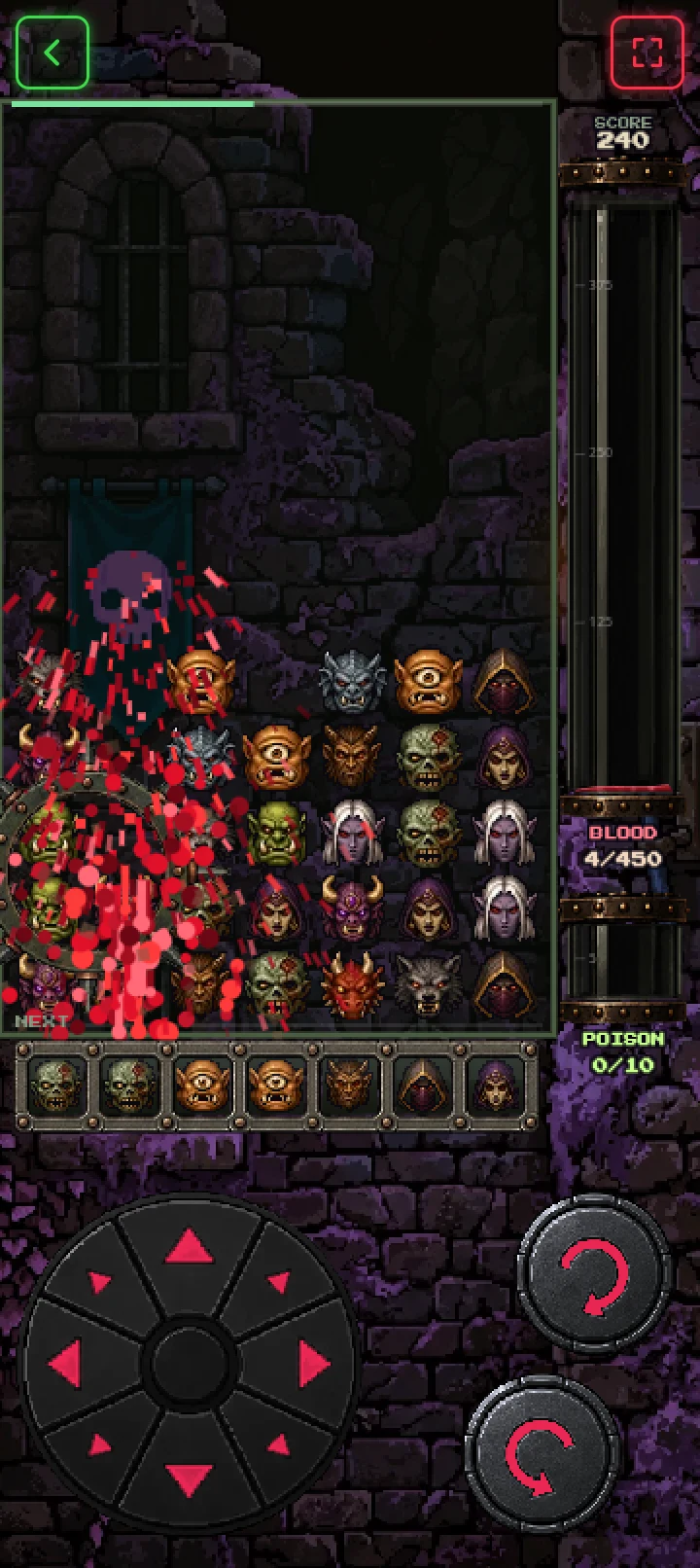 HEADCRUSH in play: a chain of falling heads bursts into a red blood splash as the blood tank meter fills on the right.