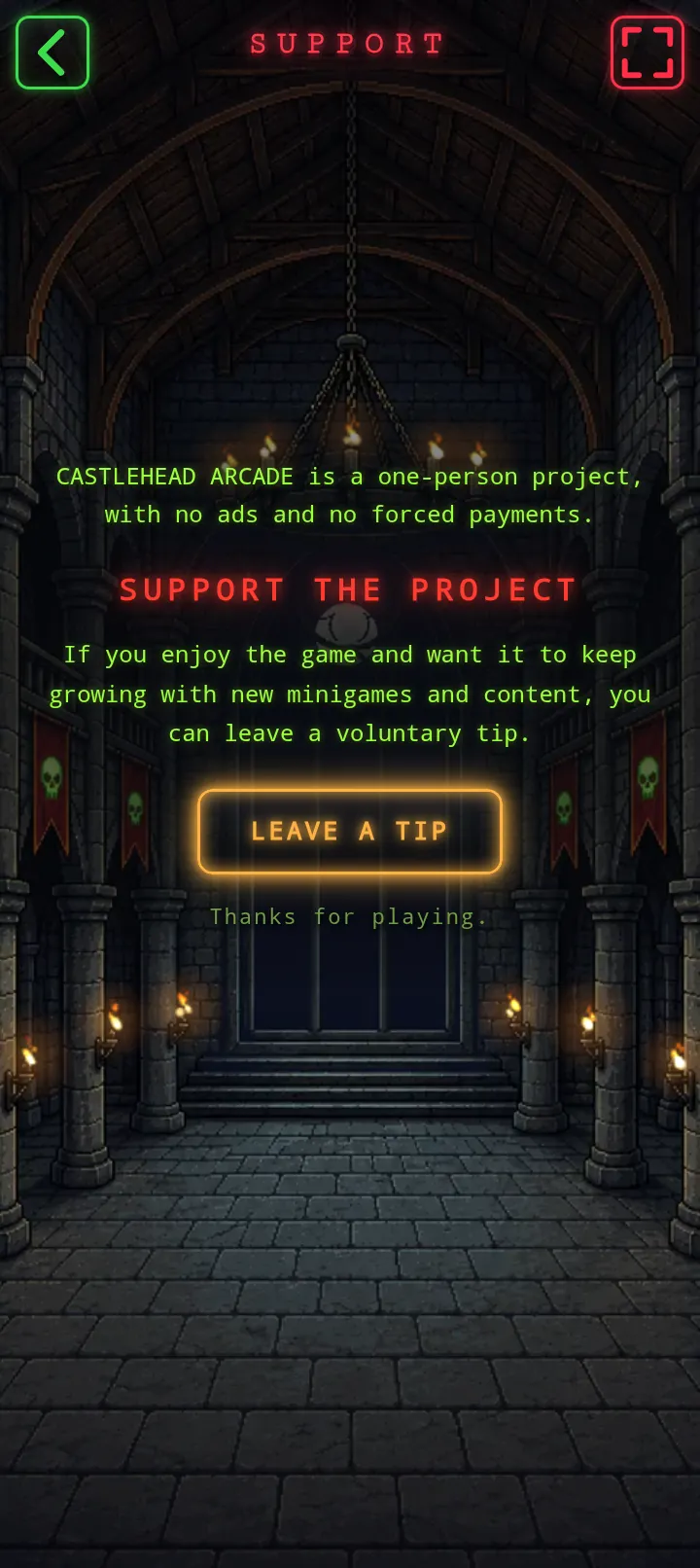 The support screen, with the button to leave a tip on Ko-fi.
